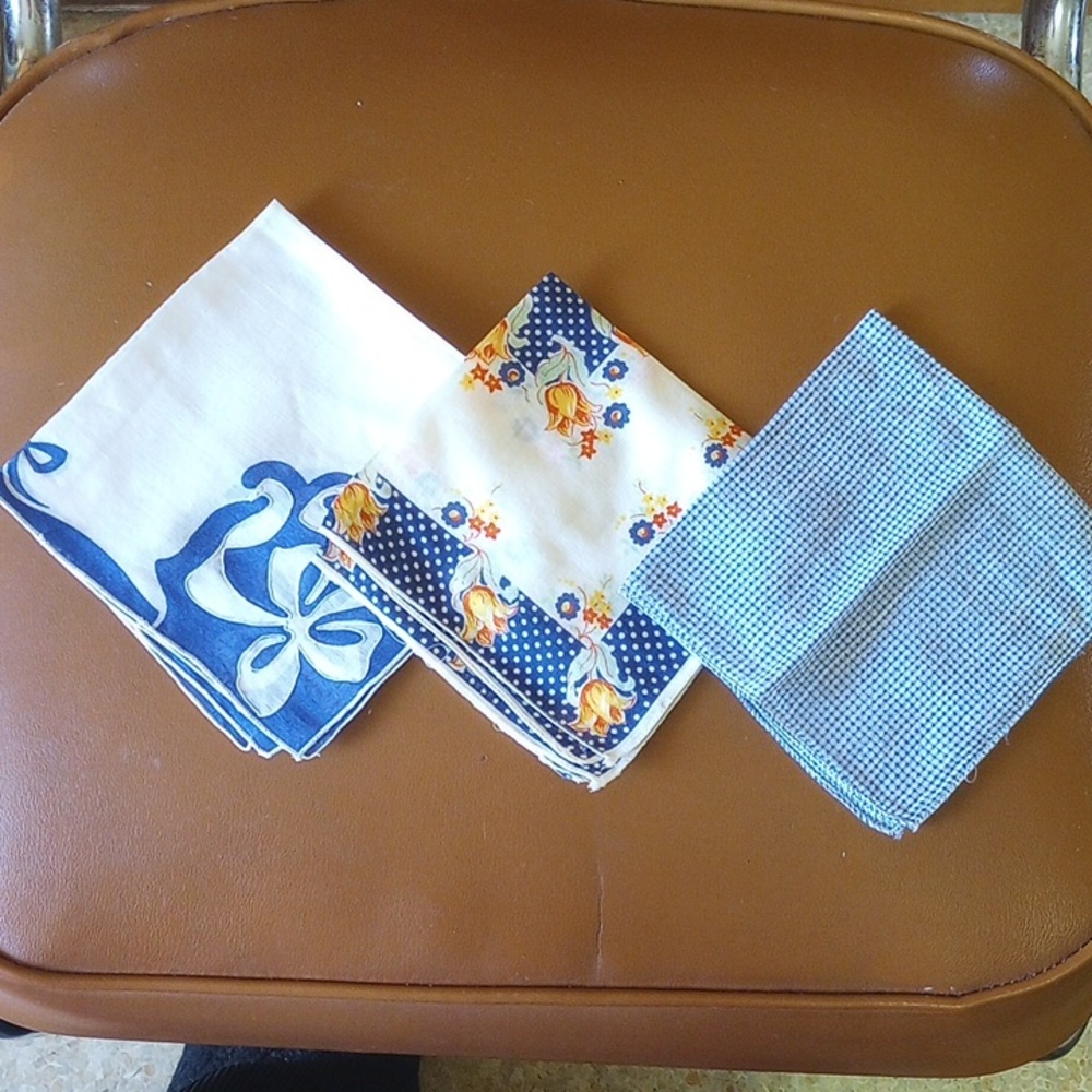 3 Blue Vintage Handkerchiefs. Flowers, Checks & Polka Dots